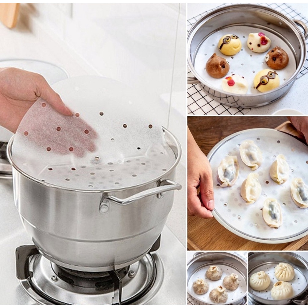 [Sỉ 13K] Gói 100 Tờ Giấy Nến Đục Lỗ Tròn Dùng Cho Nồi Chiên Không Dầu, Lót Xửng Hấp, Thấm Dầu Ăn Size 23cm