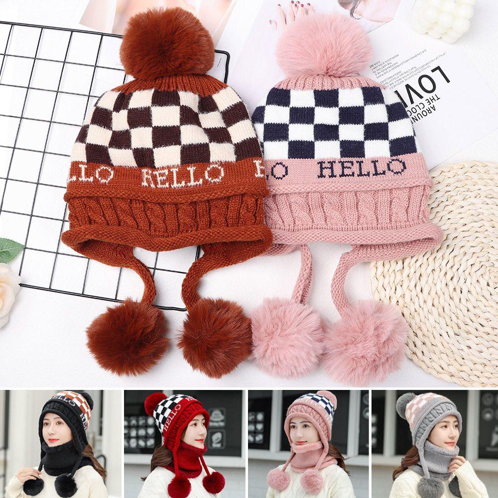 Set Mũ Len + Khăn Choàng Cổ + Khăn Choàng Cổ Dệt Kim Phối Cục Bông Thời Trang Mùa Đông Cho Nữ