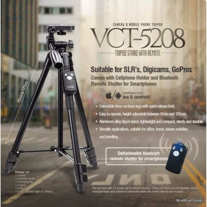 Chân Giá Đỡ Điện Thoại, Máy Ảnh Tripod VCT 5208 + Tặng Kèm Giá Đỡ Và Remote