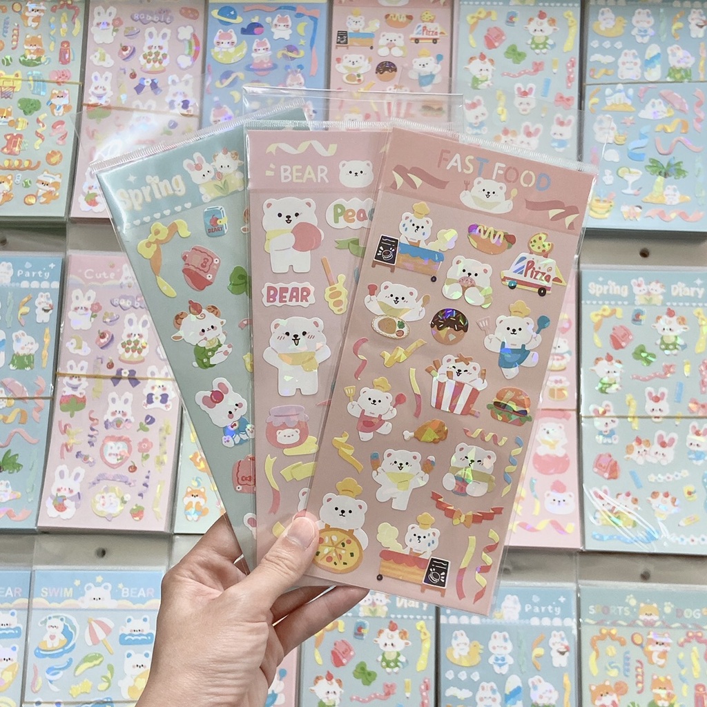 Hình dán sticker gấu em bé siêu cute lấp lánh trang trí sổ tay, máy tính, laptop, góc học tập