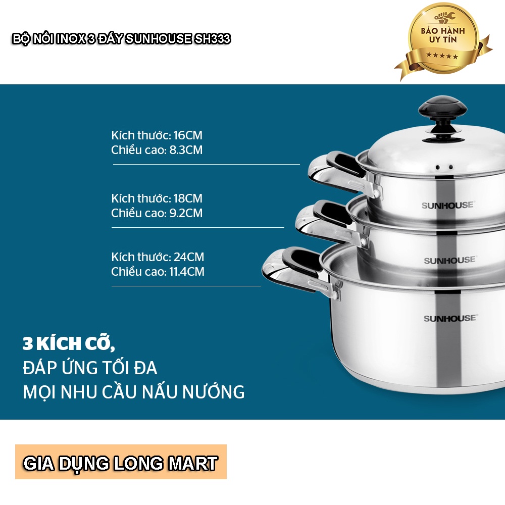 Bộ Nồi INOX 3 Đáy SUNHOUSE SH333, Hàng Chính Hãng, Sử Dụng Tất Cả Các Loại Bếp, Bảo Hành 12 Tháng