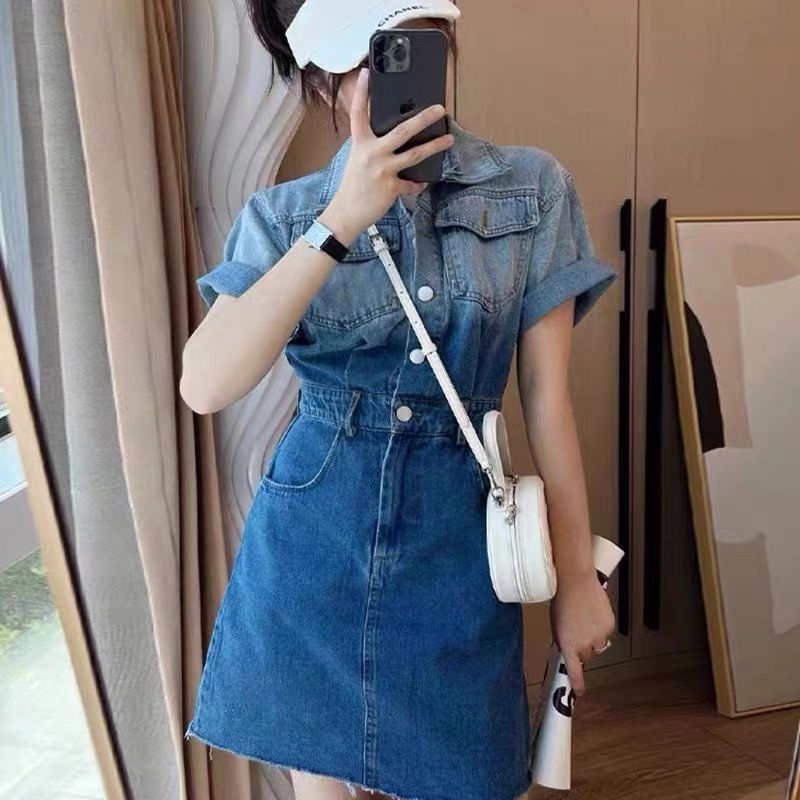 Design sense changing color denim dress summer 2022 New Retro polo collar fashion short sleeve A-line skirt women