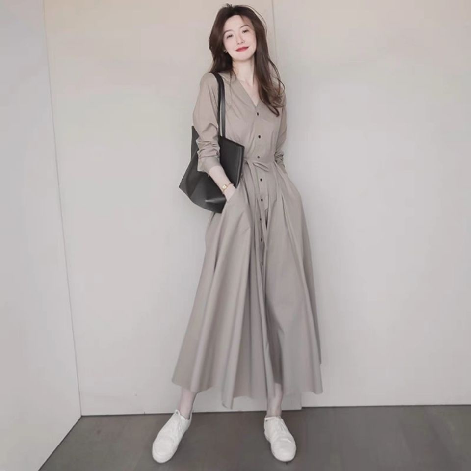 Đầm Dài Màu Xám Thiết Kế Chiết Eo Phong Cách Pháp Thời Trang Xinh Xắn Cho Nữ