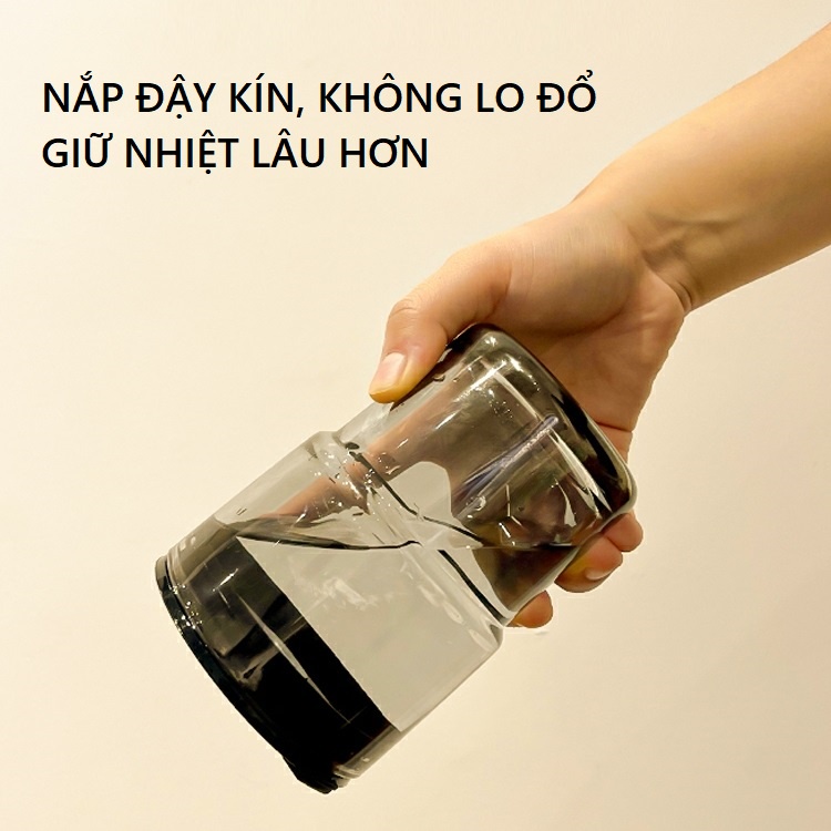 Cốc thủy tinh uống nước bọc da có nắp và ống hút, Ly thủy tinh giữ nhiệt tốt