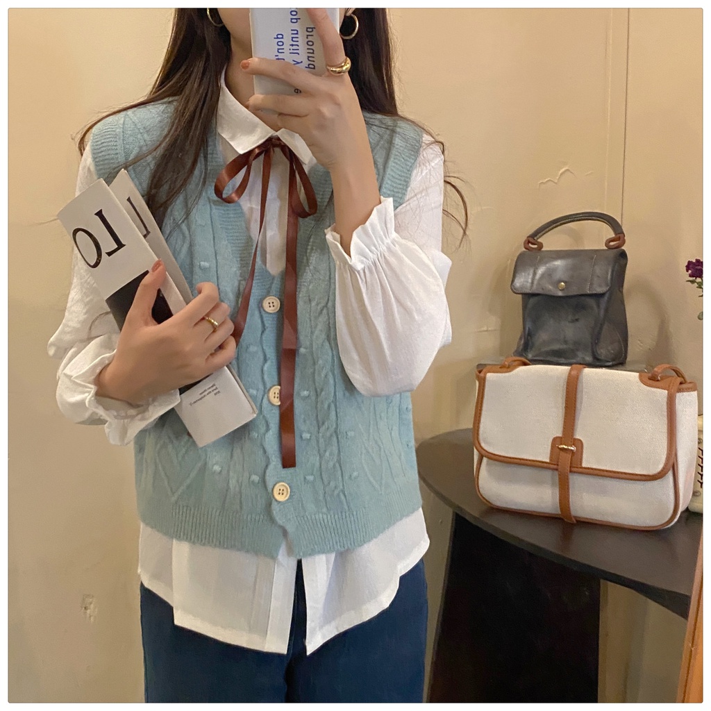 Set Áo Sơ Mi Tay Dài + Áo Len Không Tay Thắt Nơ Thời Trang Dành Cho Nữ | BigBuy360 - bigbuy360.vn
