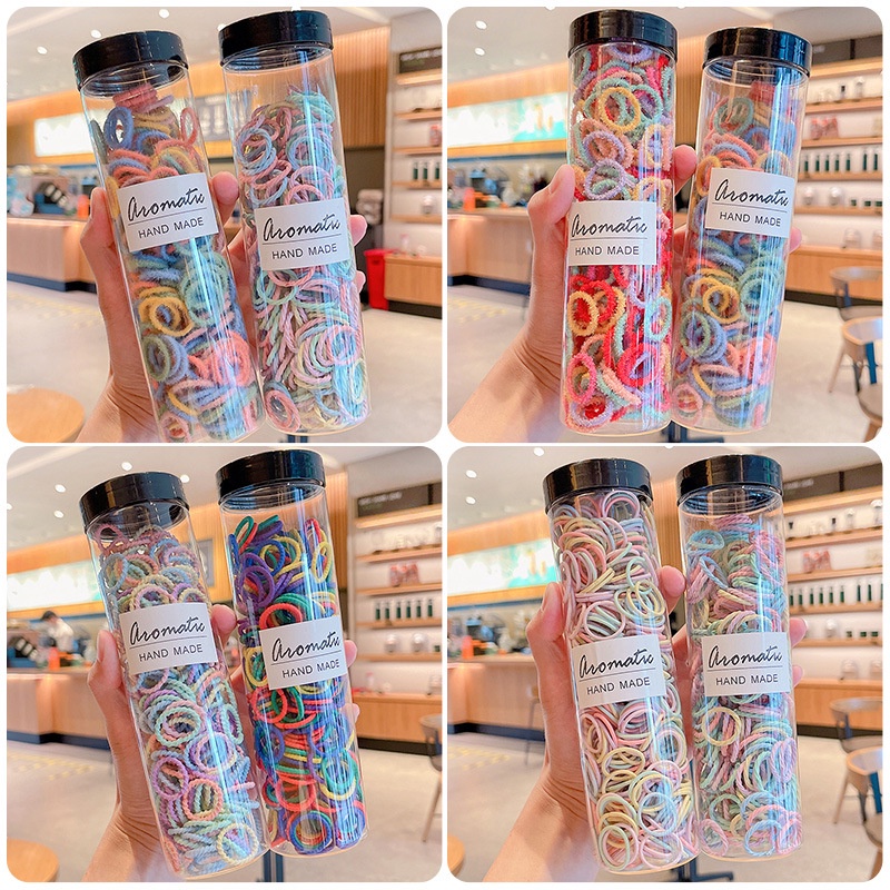 Hộp 300 chun nịt buộc tóc cho bé gái, thun cột tóc màu sắc cầu vồng dễ thương phong cách cute Hàn Quốc
