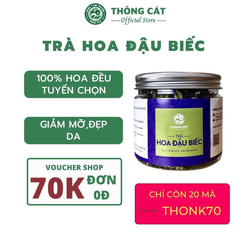 Trà hoa đậu biếc hũ 50gr Thông Cát, trà hoa đậu biếc sấy khô giúp thanh lọc cơ thể, đẹp da, chống lão hoá
