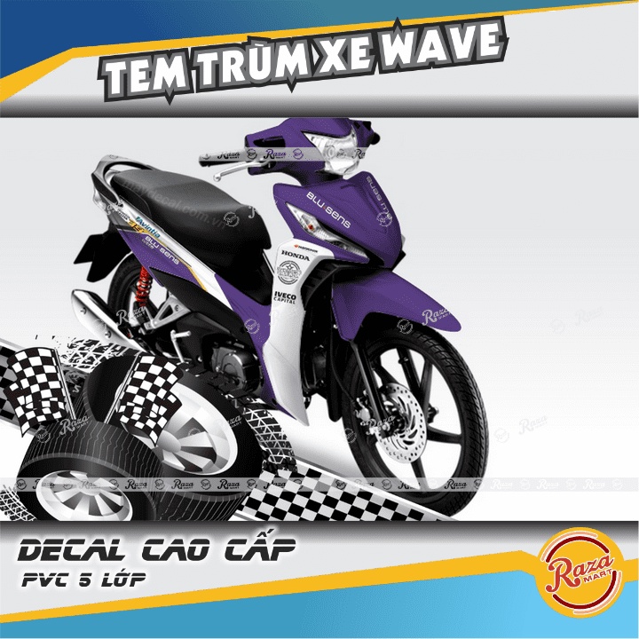 Tem Trùm xe WAVE RSX màu tím trắng | Decal PVC 5 lớp cao cấp | Mã tem: WAV 837