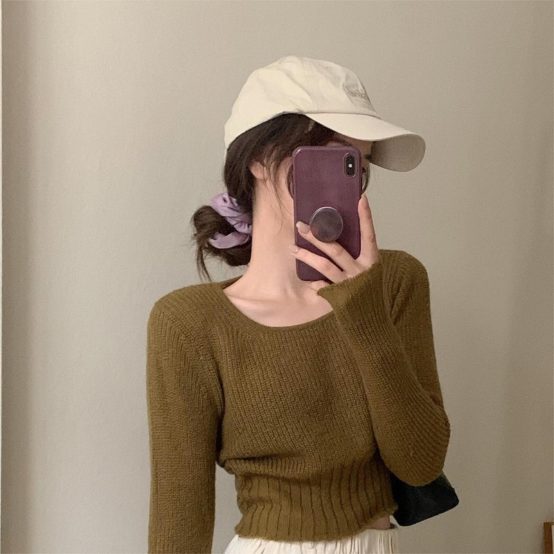 Áo len ZHELIHANGFEI tay dài dáng rộng lưng cao quyến rũ dễ phối đồ cho nữ