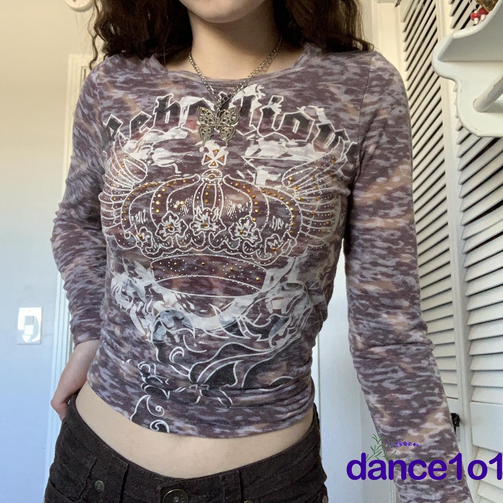 Áo thun tay dài dáng ôm nhuộm màu hình vương miện phong cách Gothic cho nữ