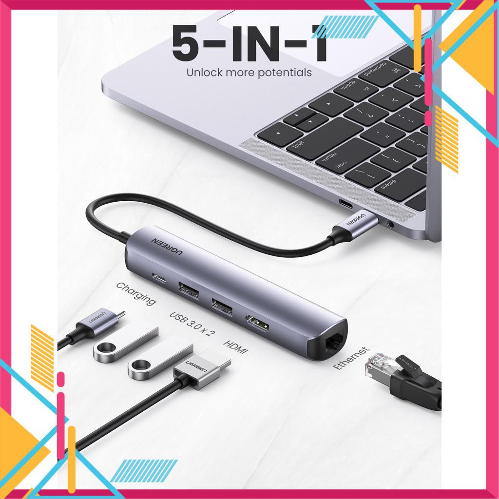 Hub chuyển chính hãng USB-C Sang HDMI + USB 3.0*2 + RJ45 + PD Ultra Slim Ugreen 10919 [Freeship 10k]