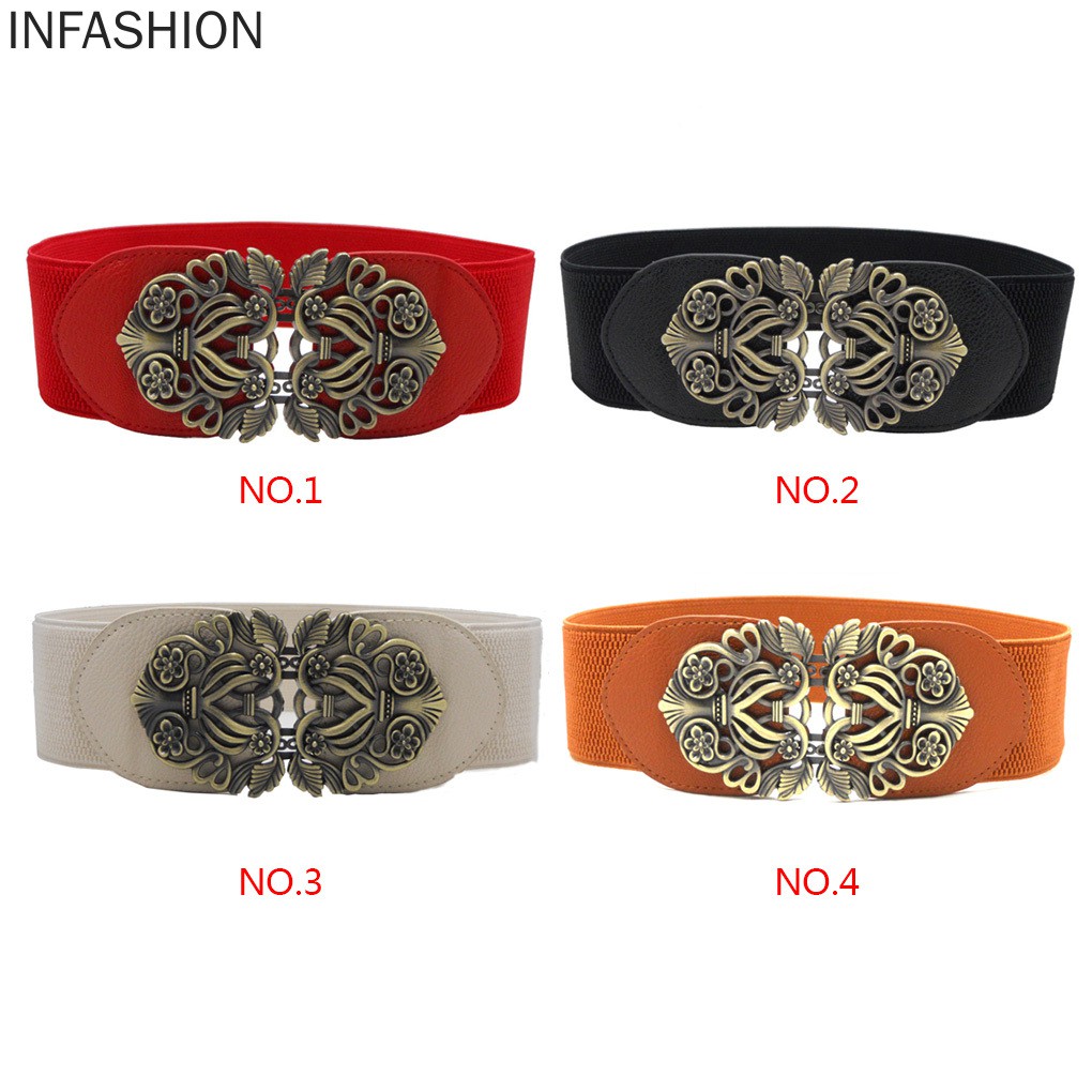 Thắt lưng da bản to khóa kim loại hình hoa cách điệu phong cách vintage thời trang cho nữ