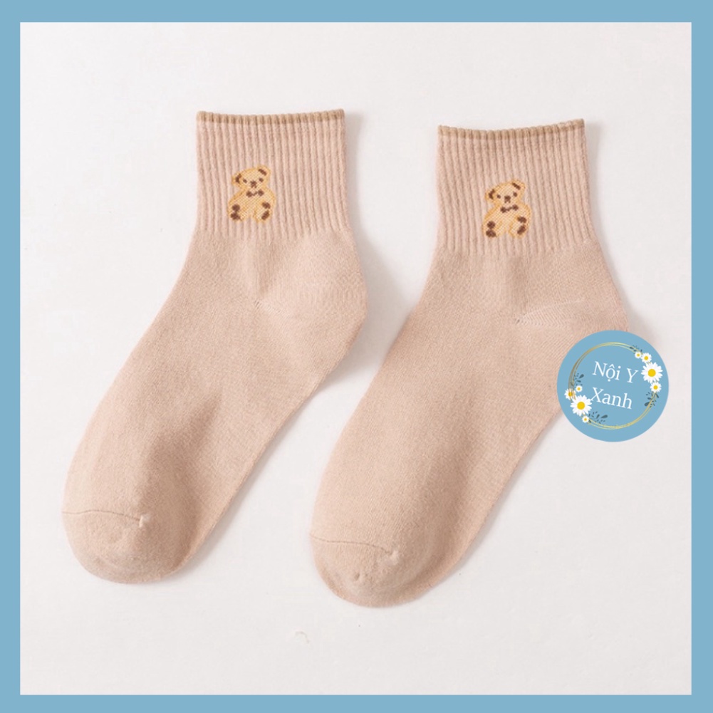 Tất dệt kim cổ cao thêu gấu Phong Cách Vintage Hàn Quốc Mẫu tcc2 Nội Y Xanh chất thoáng mát cao cấp