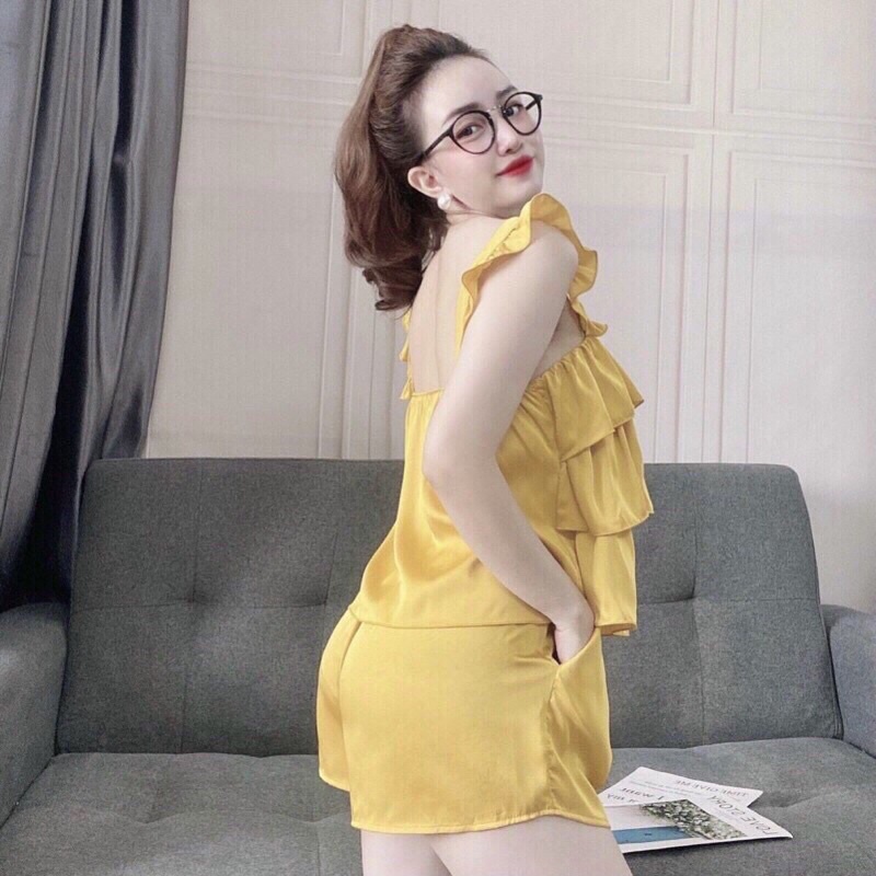 Đồ Bộ Nữ Lụa Satin Cao Cấp Phối Bèo 3 Tầng Nhiều Mùa Cực Sexy Và Thoáng Mát Mặc Nhà Mặc Đi Ngủ