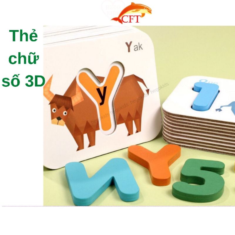 Bảng chữ cái cho bé kèm số bộ 26 chữ cái và 10 số bằng gỗ gắn nổi lên thẻ 3d có in hình con vật có hình dạng tương tự