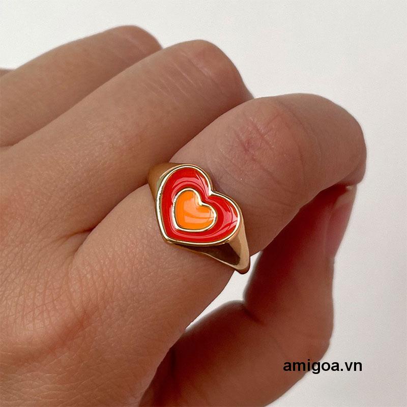 ✨✨Nhẫn hở hình trái tim đôi bằng kim loại tráng men Y2K cổ điển thời trang Hàn Quốc cho nữ
