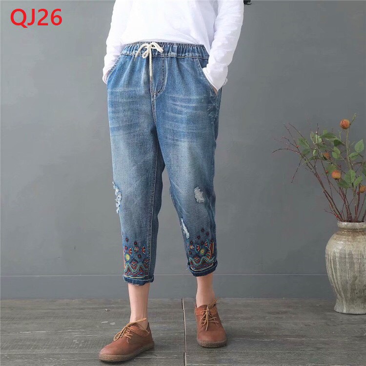 Quần bò nữ sờn thêu họa tiết MS26 BIG SIZE cạp chun co dãn