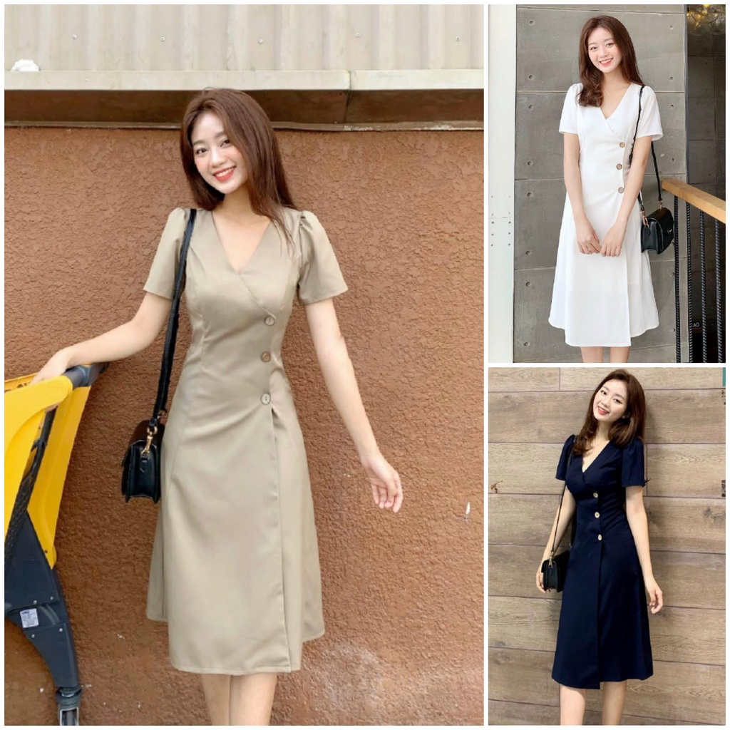Đầm Dáng Xòe ⚡️FREESHIP⚡️ Công Sở Dáng Dài Cổ V Tay Ngắn Đính Nút Dây Cột Eo Sau