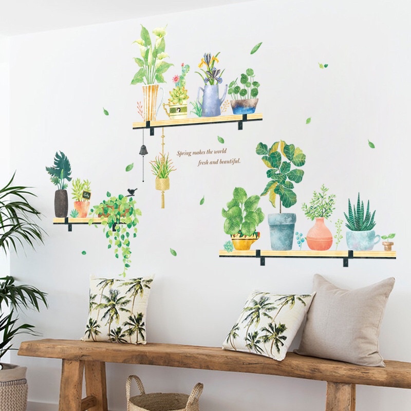 Decal dán tường chậu cây trên kệ,chất liệu cao cấp sẵn keo dán.