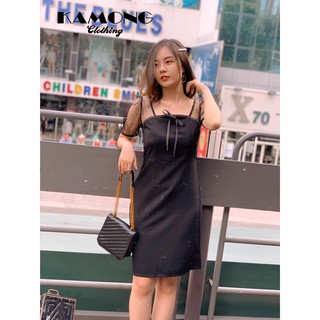 Đầm tay lười viền nơ (Đen) D024
