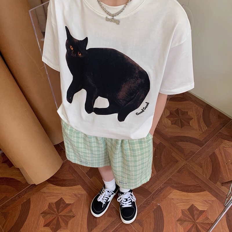 Áo phông unisex Black Cat phong cach Hàn Quốc màu trắng - A024