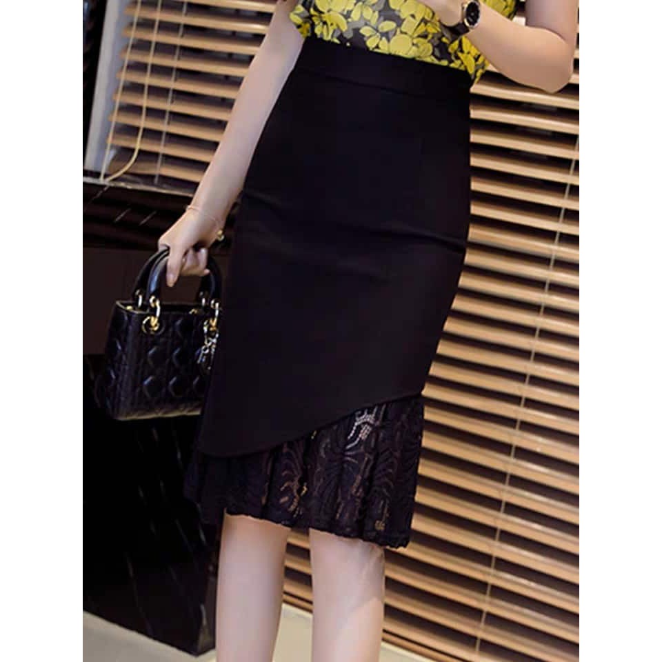 chân váy bút chì phối ren lệch 60cm