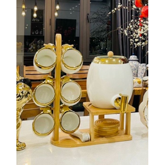 Bộ bình trà gốm sứ, bình trà sứ cao cấp xanh cổ vịt viền vàng dung tích 3l phong cách Bắc Âu