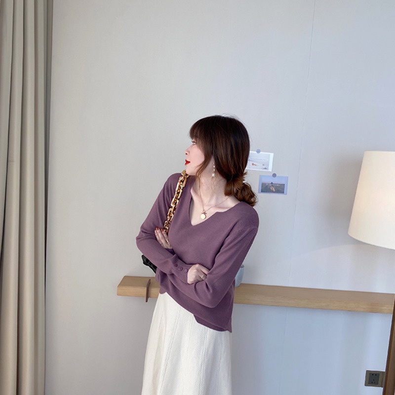 Áo kiểu dệt kim Pure Cube tay dài cổ chữ V dáng rộng thời trang mùa thu mới dành cho nữ