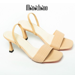 Giày sandal nữ quai mảnh gót cao 7p MINICHINO chất da mờ lì mũi tròn gót nhọn hở gót màu nude TC009