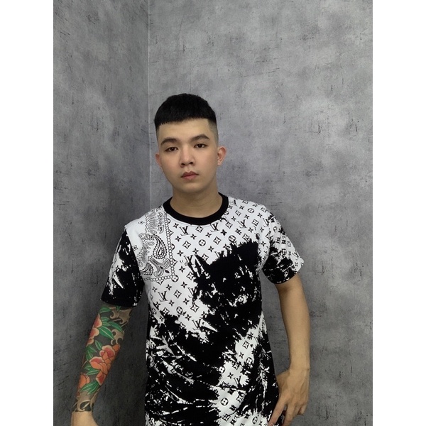 Áo Phông Nam Lv cao cấp Was sơn full áo - Áo Thun Quảng Châu lv in chữ toàn thân 2 màu trắng đen