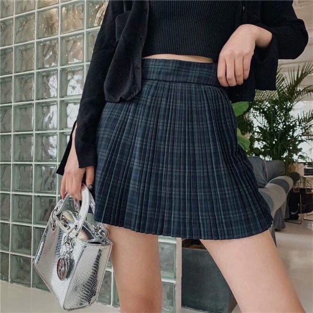 Quần váy zara, M used, xếp li, sọc ca rô xanh, dễ thương, dây kéo bên hông