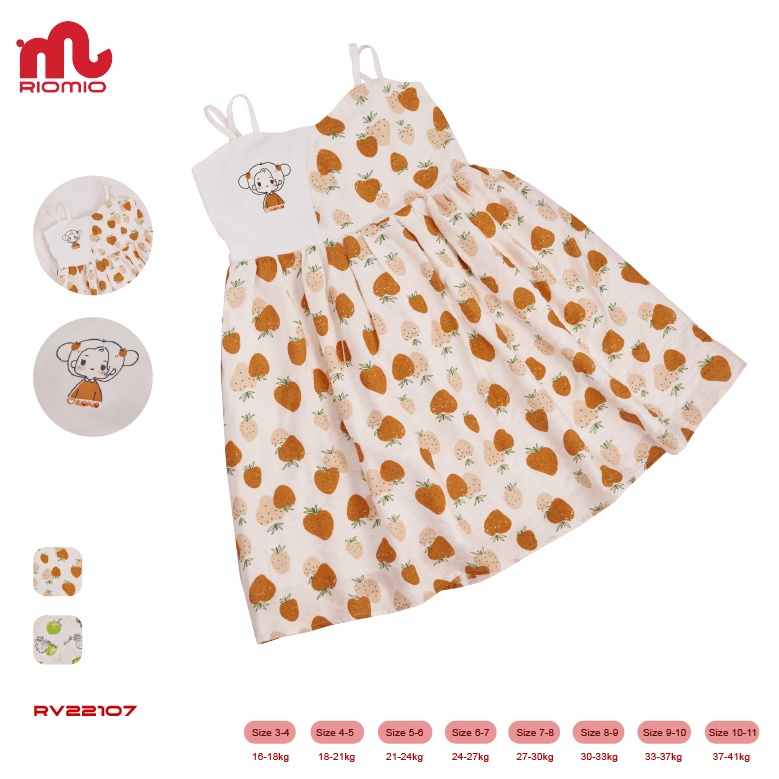 Đầm cho bé gái 3,4,5,6,7,8,9,10,11 tuổi 2 dây dáng xòe RIOMIO chất đũi thoáng mát họa tiết dâu tây - RV107