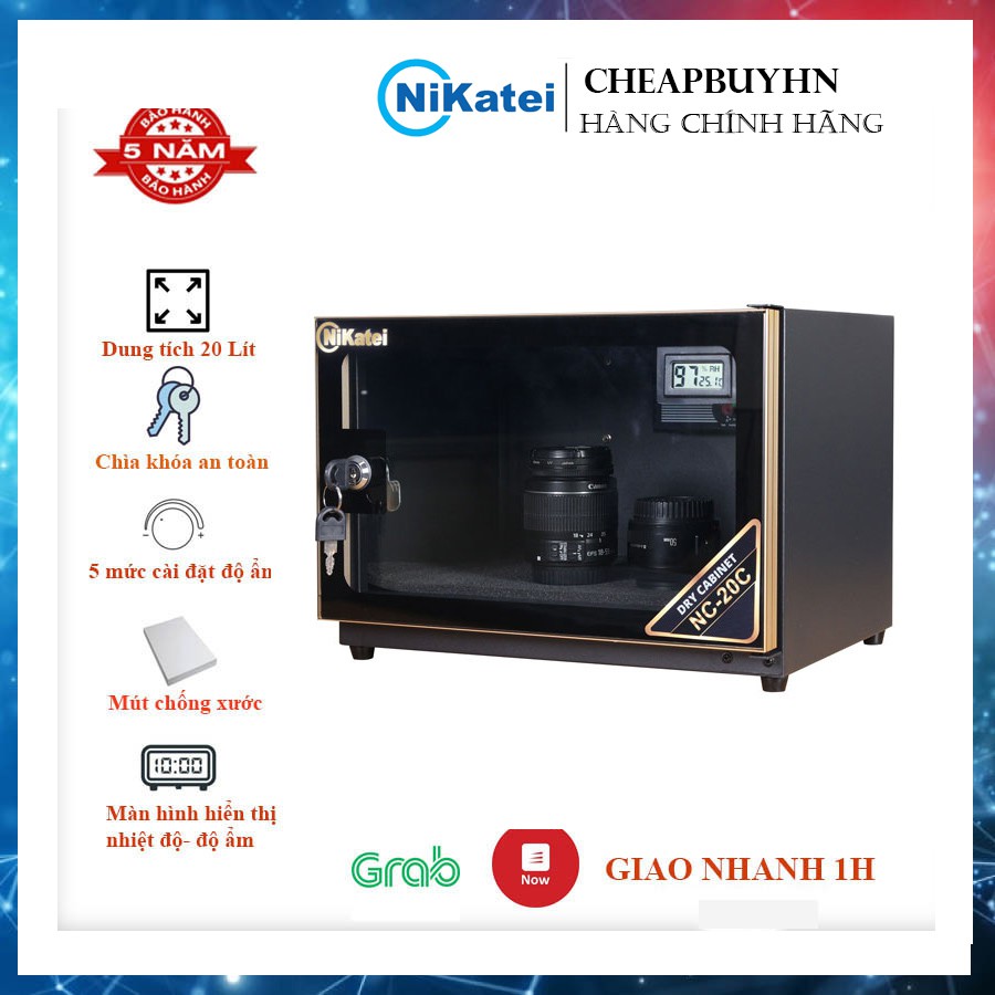 Tủ chống ẩm máy ảnh Nikatei NC-20C Gold ( 20 Lít,màn LCD, độ ẩm:25%-80%,cửa kính có khóa) bảo hành chính hãng 5 năm