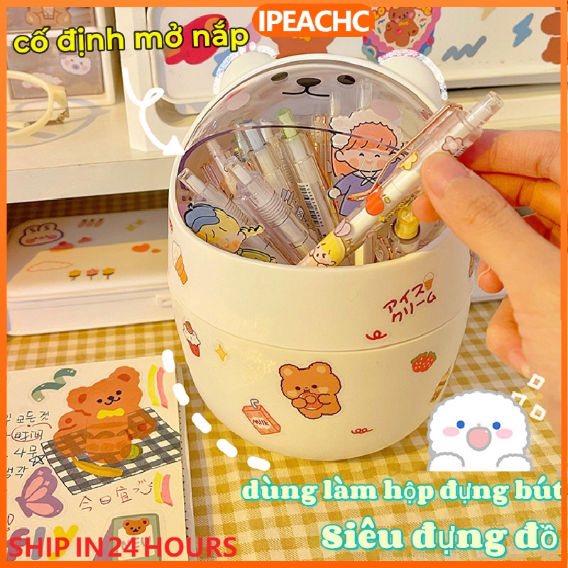 Thùng rác mini để bàn Thùng rác hình gấu cute có nắp dễ thương tặng sticker – Hộp đựng bút đa năng