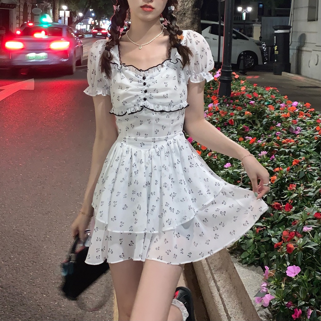 Váy Hoa Cổ Vuông Tay Phồng Thời Trang Hè Đầm Chữ A Đính Nơ Nữ