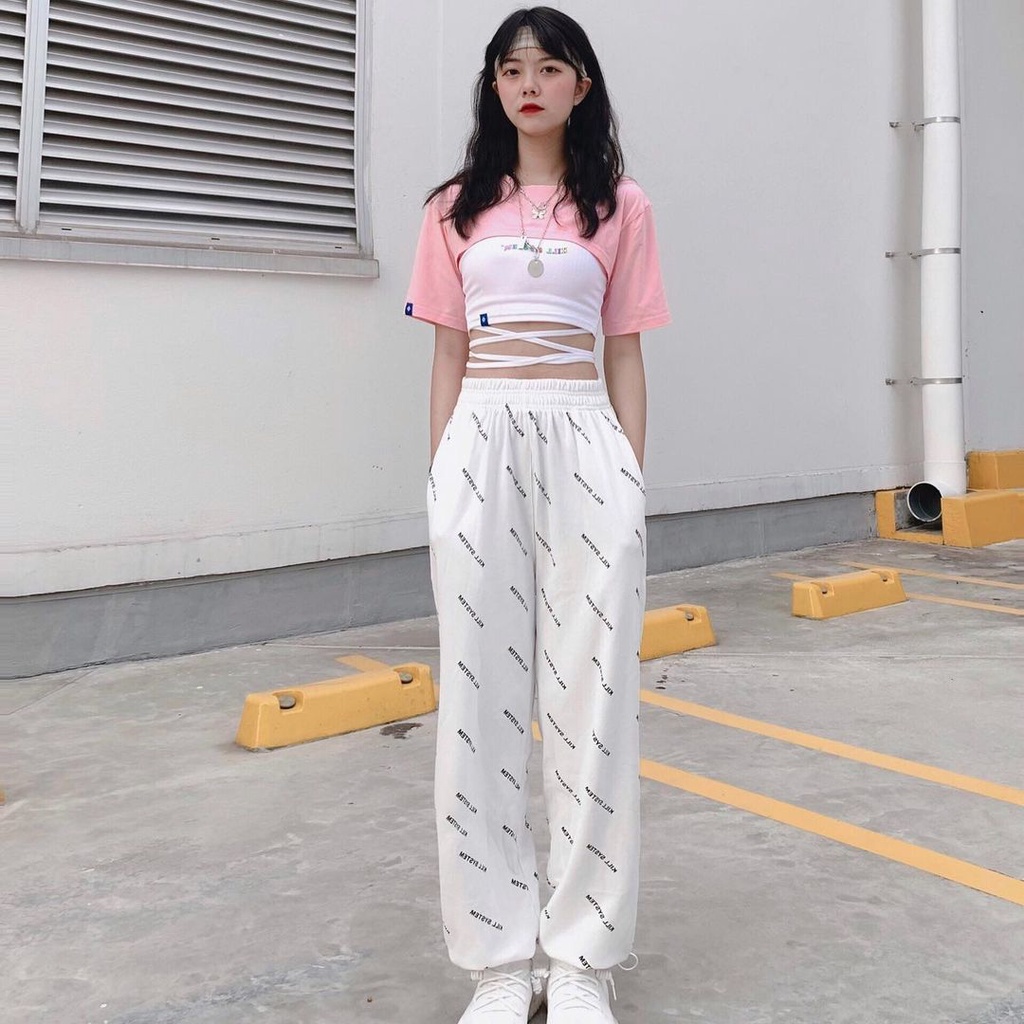 Quần thun dáng suông ống rộng màu  Kill System chữ xéo, vải chân cua oversize phong cách unisex | BigBuy360 - bigbuy360.vn