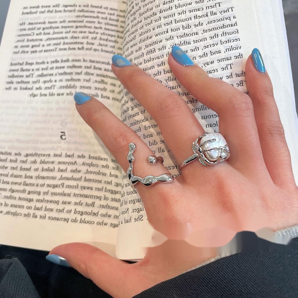 Nhẫn Kim Loại Đính Hạt Ngọc Trai Hình Vuông Phong Cách Hàn Quốc