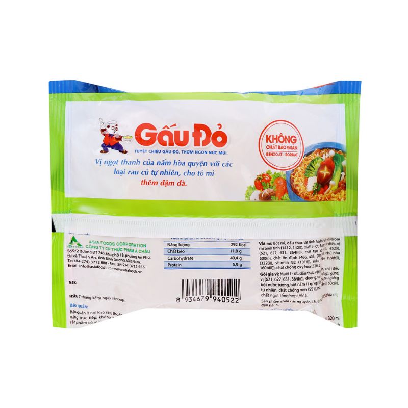 Lô 5 gói mì Chay Rau Nấm Gấu Đỏ gói 62 g
