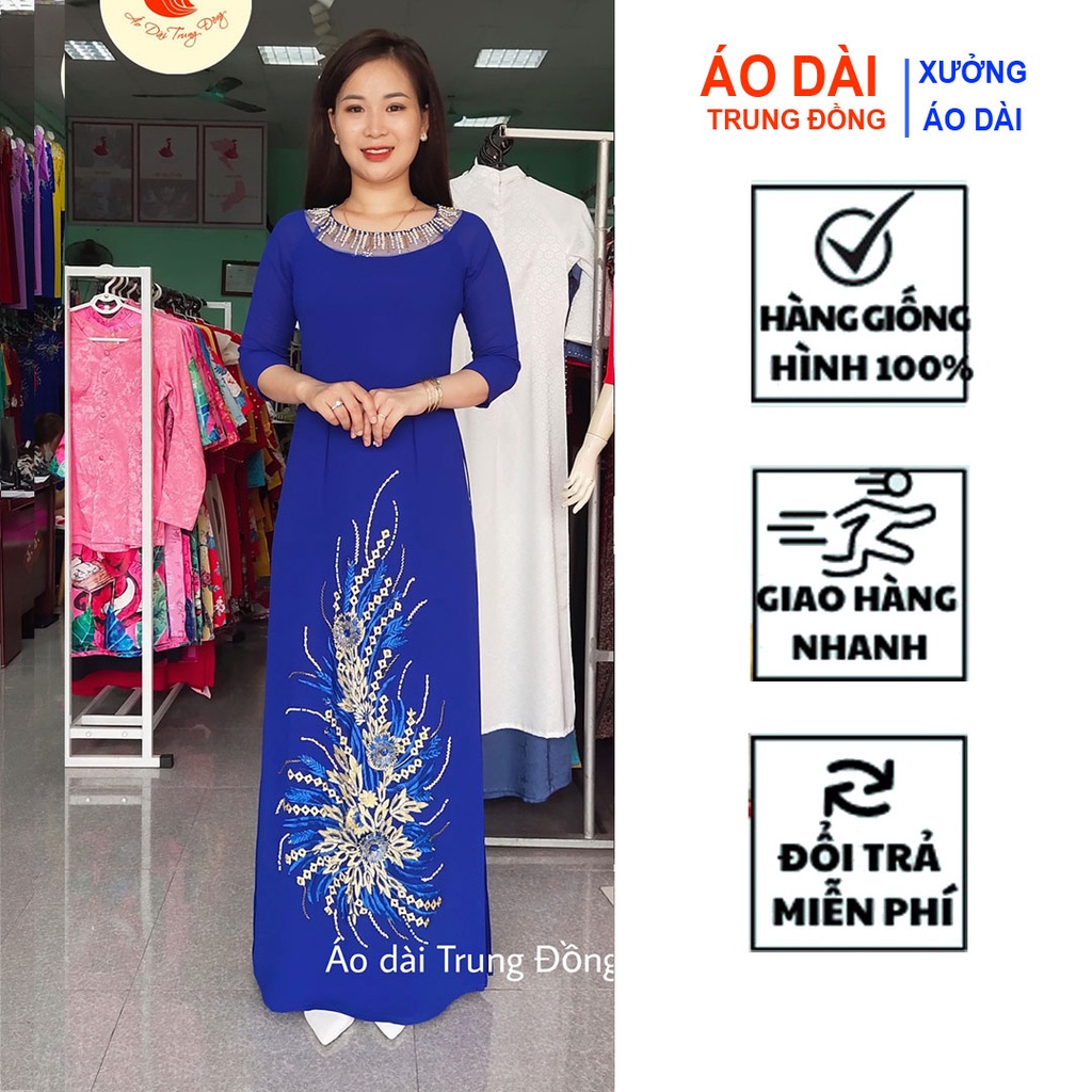 Áo dài đẹp chất liệu lụa cao cấp đính kết hạt thủ công - Áo dài Trung Đồng