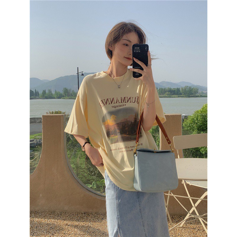 SUXI Áo thun tay ngắn cổ tròn in họa tiết phong cách cổ điển dành cho bạn nữ