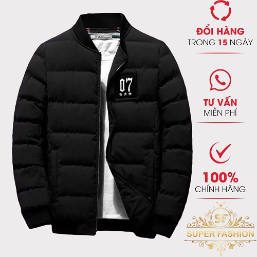 Áo Khoác Phao Nam Không Nón SUPER FASHION Logo Thêu 07 Chất Dù 3 Lớp Trần Bông Form Rộng Mặc Ấm