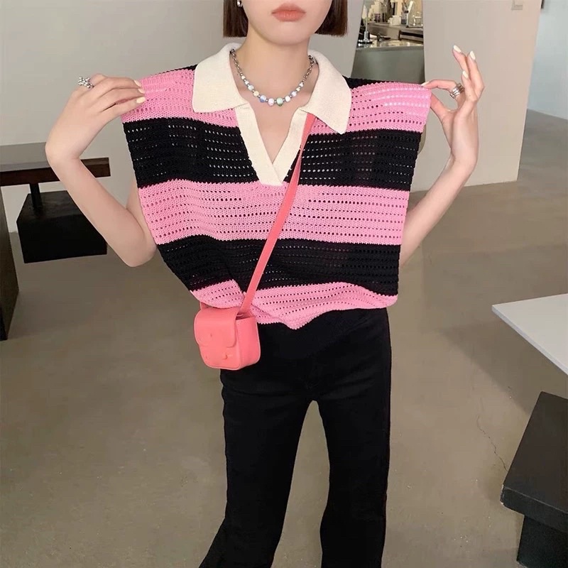 áo len lưới dệt kim độn vai kiểu cổ đức sọc kẻ