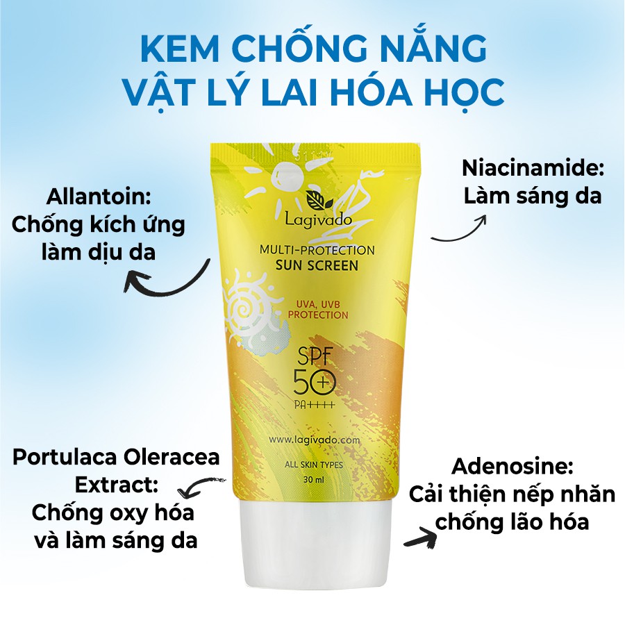 Kem chống nắng Hàn Quốc Lagivado dành cho cả da dầu mụn, nhạy cảm Multi-Protection Sun Screen SPF50+ PA++++ - 30g