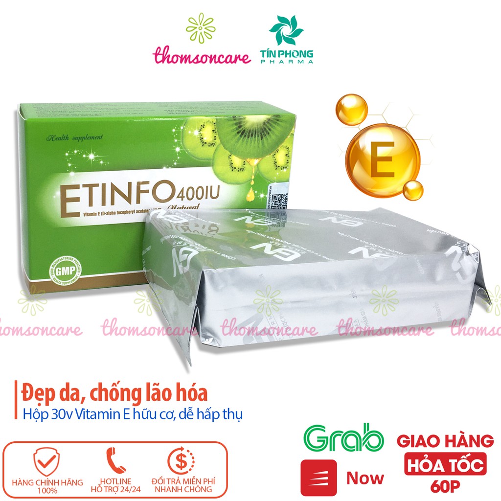 Viên uống Vitamin E 400 IU - bổ sung vitamin E tự nhiên, giúp đẹp da, ngăn ngừa lão hóa - Etinfo Hộp 30 viên