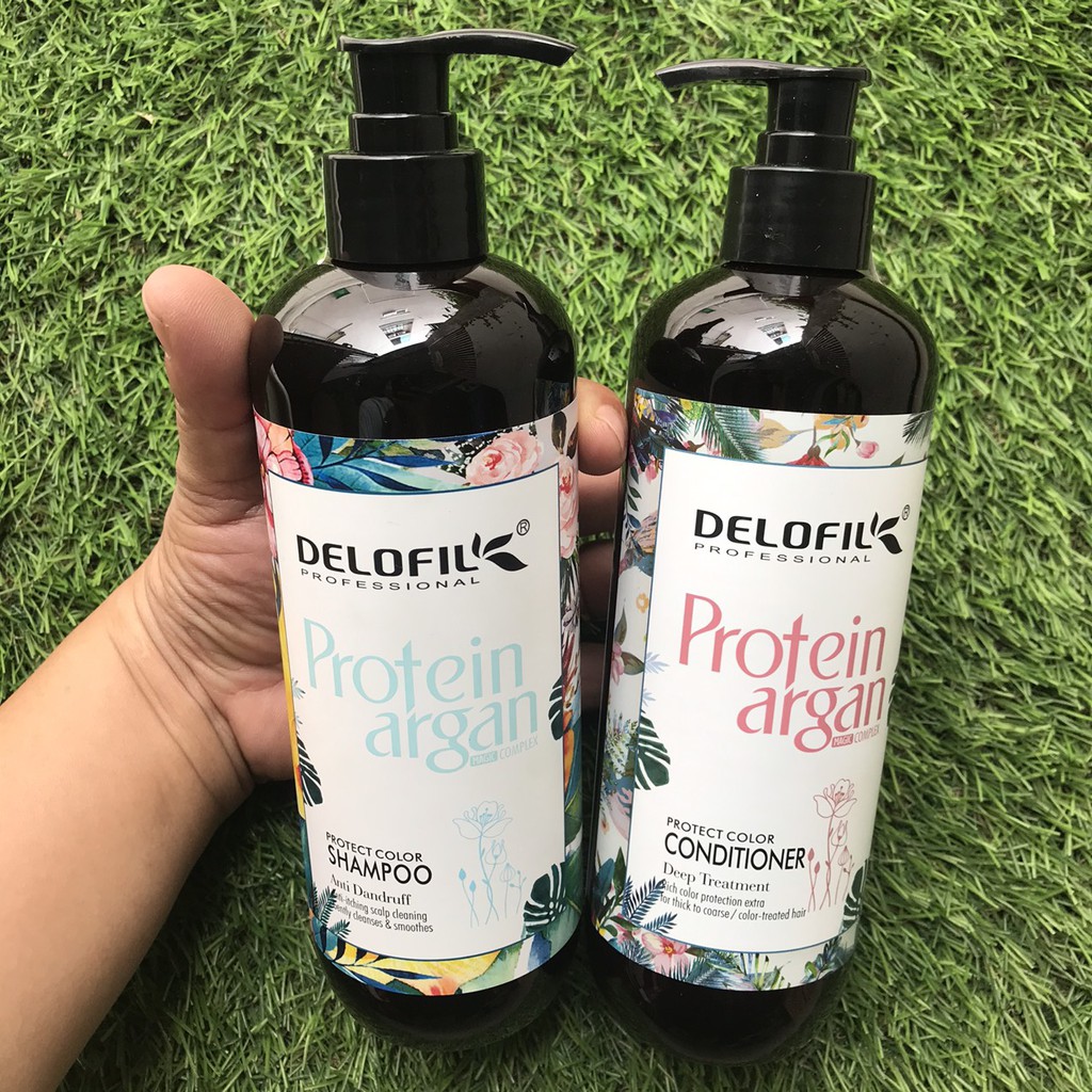 Dầu Gội xả phục hồi , giữ màu , trị gàu , chống rụng tóc Delofil Protein Argan 500ml x2