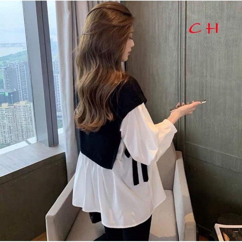 ảnh thật : áo babydoll cột nơ eo phối màu điệu đà - áo thun dài tay phối sơ mi buộc nơ điệu đà ,freesize giá rẻ hót | BigBuy360 - bigbuy360.vn