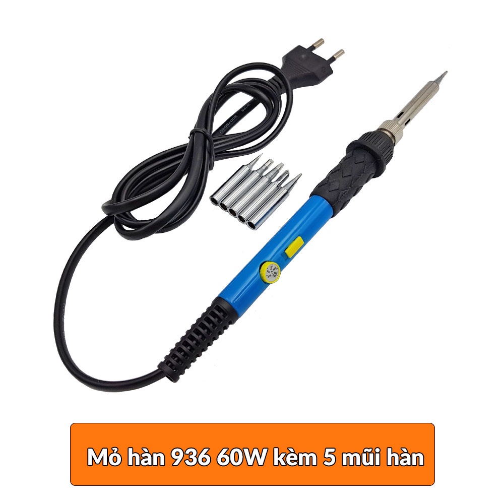 COMBO Mỏ hàn điều chỉnh nhiệt độ 936 60W kèm 5 mũi hàn + dụng cụ hút thiếc + đế gác mỏ hàn + thiếc hàn 0.6 50g