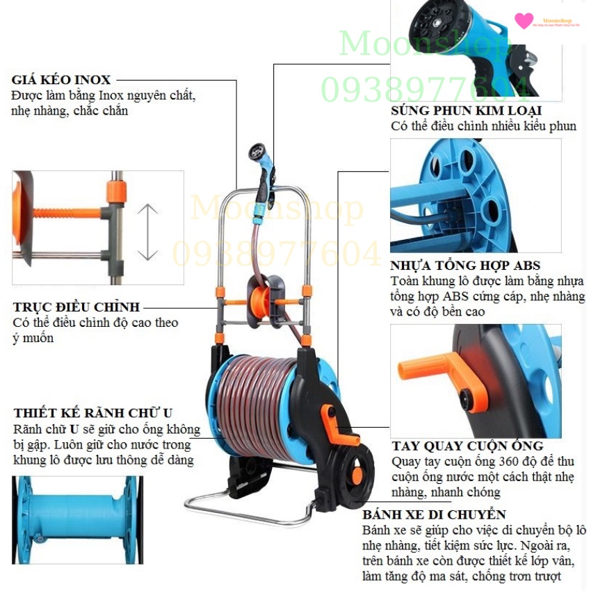 Rulo cuộn dây ống nước phi 16 từ 10 đến 50 mét chó bánh xe di chuyển, tặng khớp cút nối nhanh Alate Store