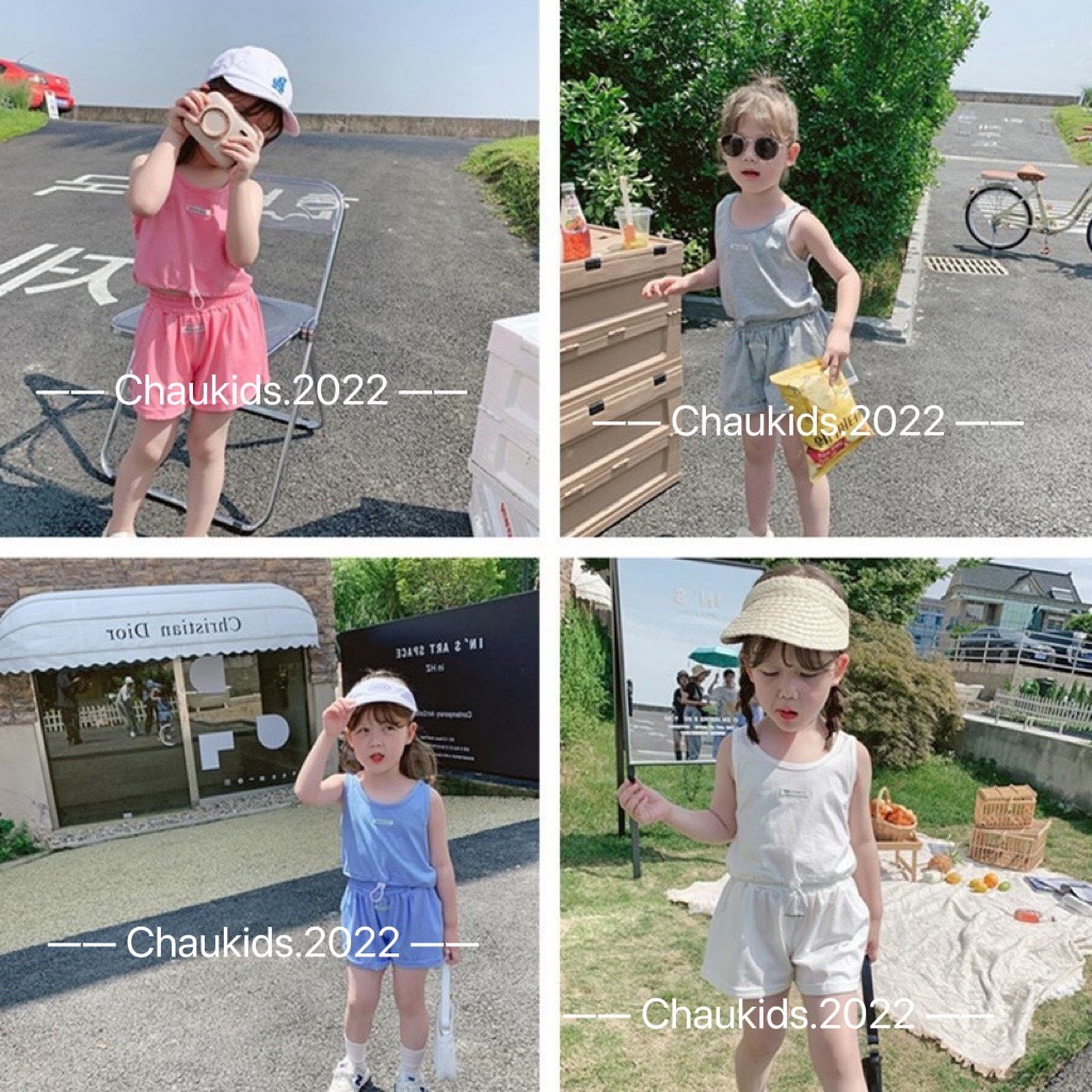 Bộ ba lỗ bé gái, áo croptop Essent sát nách kèm quần đùi chất cotton tàu mát mẻ cho bé