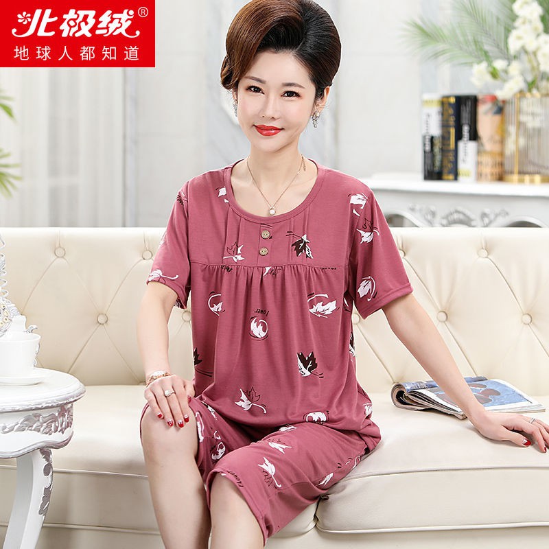 Đồ ngủ bà mẹ, quần tây ống ngắn tay bằng cotton mỏng phù hợp với người trung niên và mẹ chồng cộng sizeFF